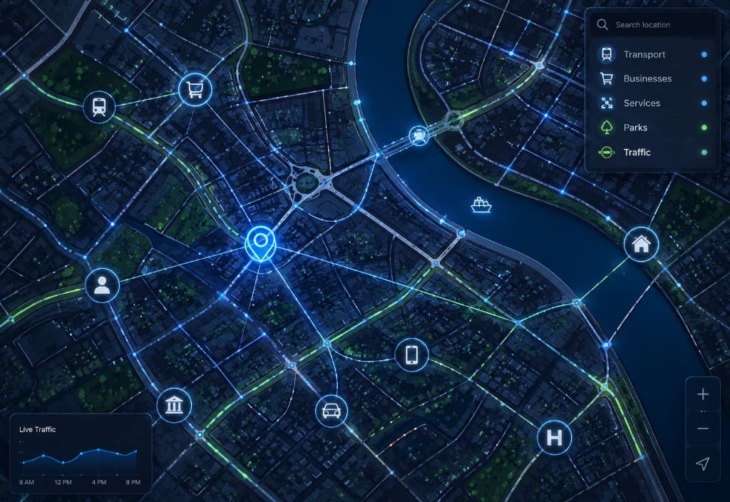 Futuristic city map showing portfolio risk and exposure data
