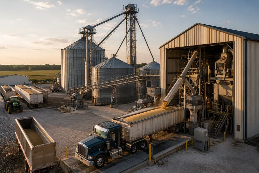 Grain elevator loading trucks at a commercial ag processing facility at golden hour