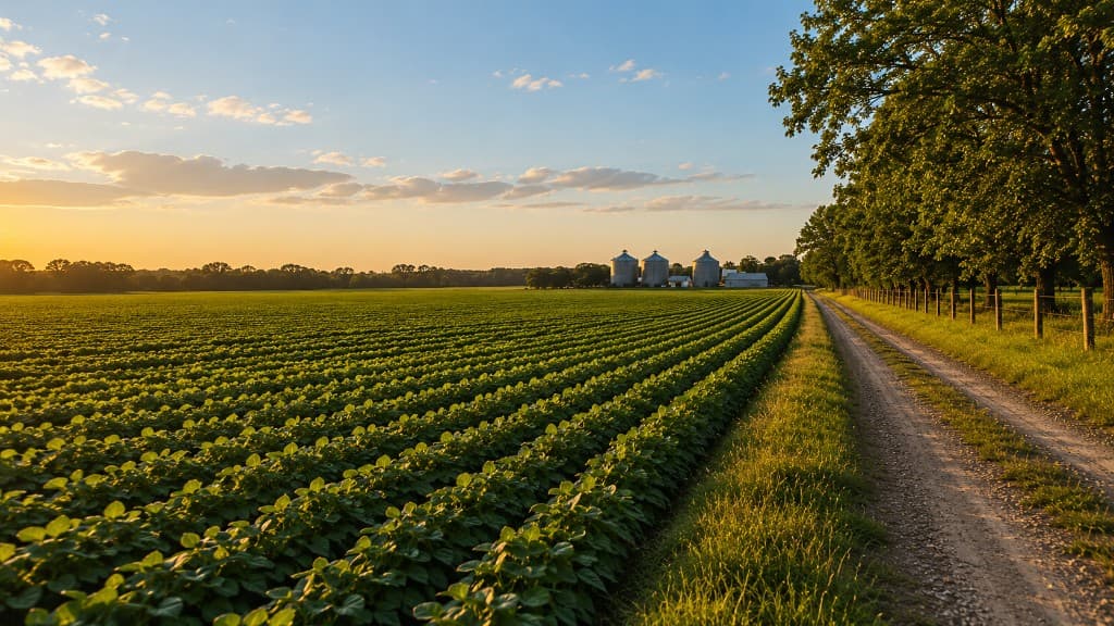 Golden hour sunlight over green crop rows along a farm road with silos in the distance