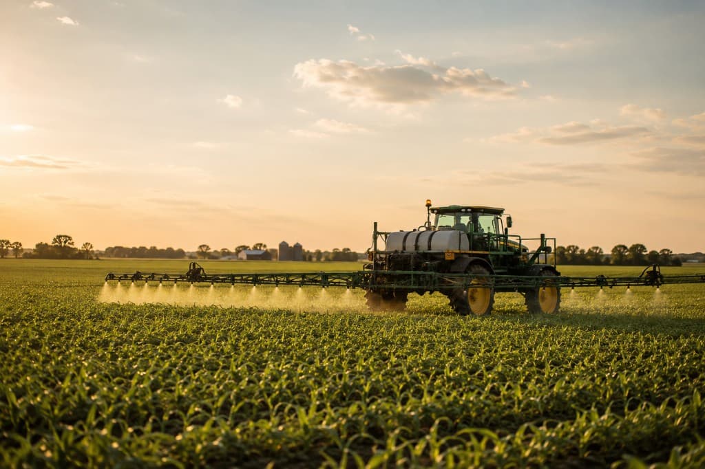 Self-propelled sprayer working through a crop field at golden hour