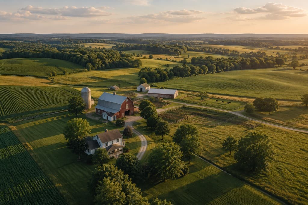 Aerial view of family farm with house, barn, and rolling pasture at golden hour