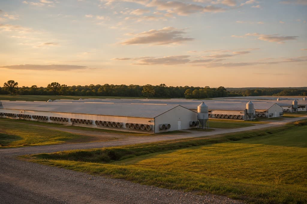 Commercial poultry houses with ventilation fans and silos at golden hour