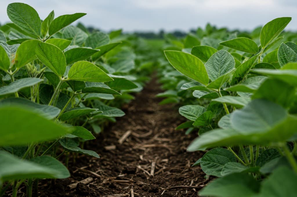 Young soybean plants growing in rows under soft daylight