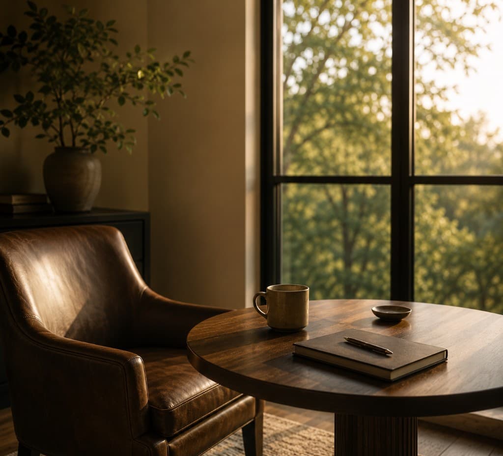 Leather chair and round table in a sunlit workspace corner with green trees through the window