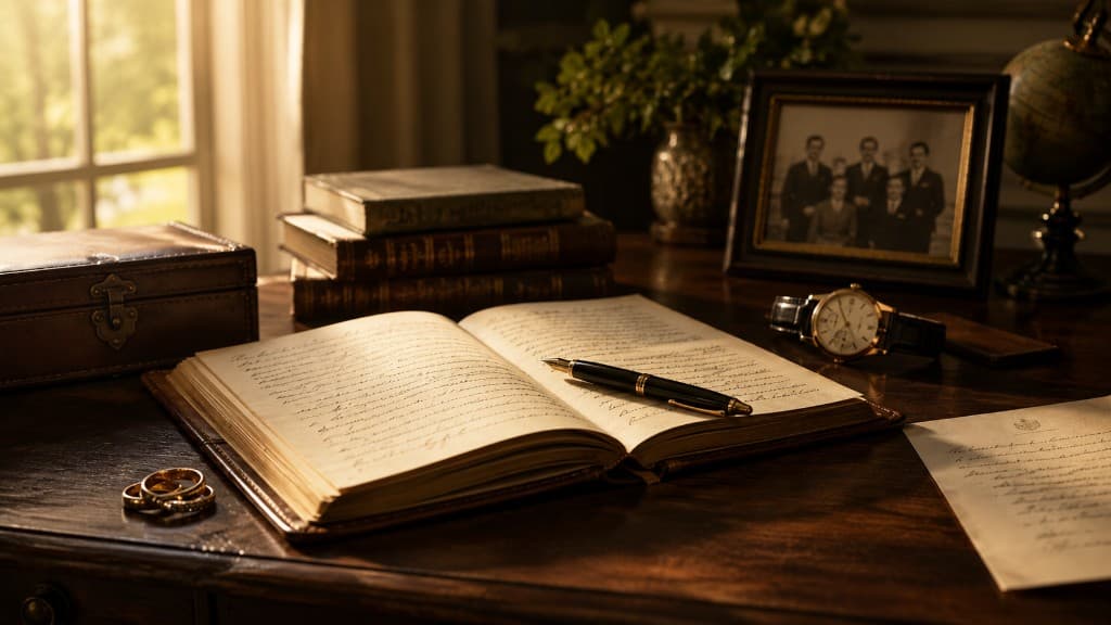 Open journal, wedding rings, and family keepsakes in warm golden light on a wooden desk