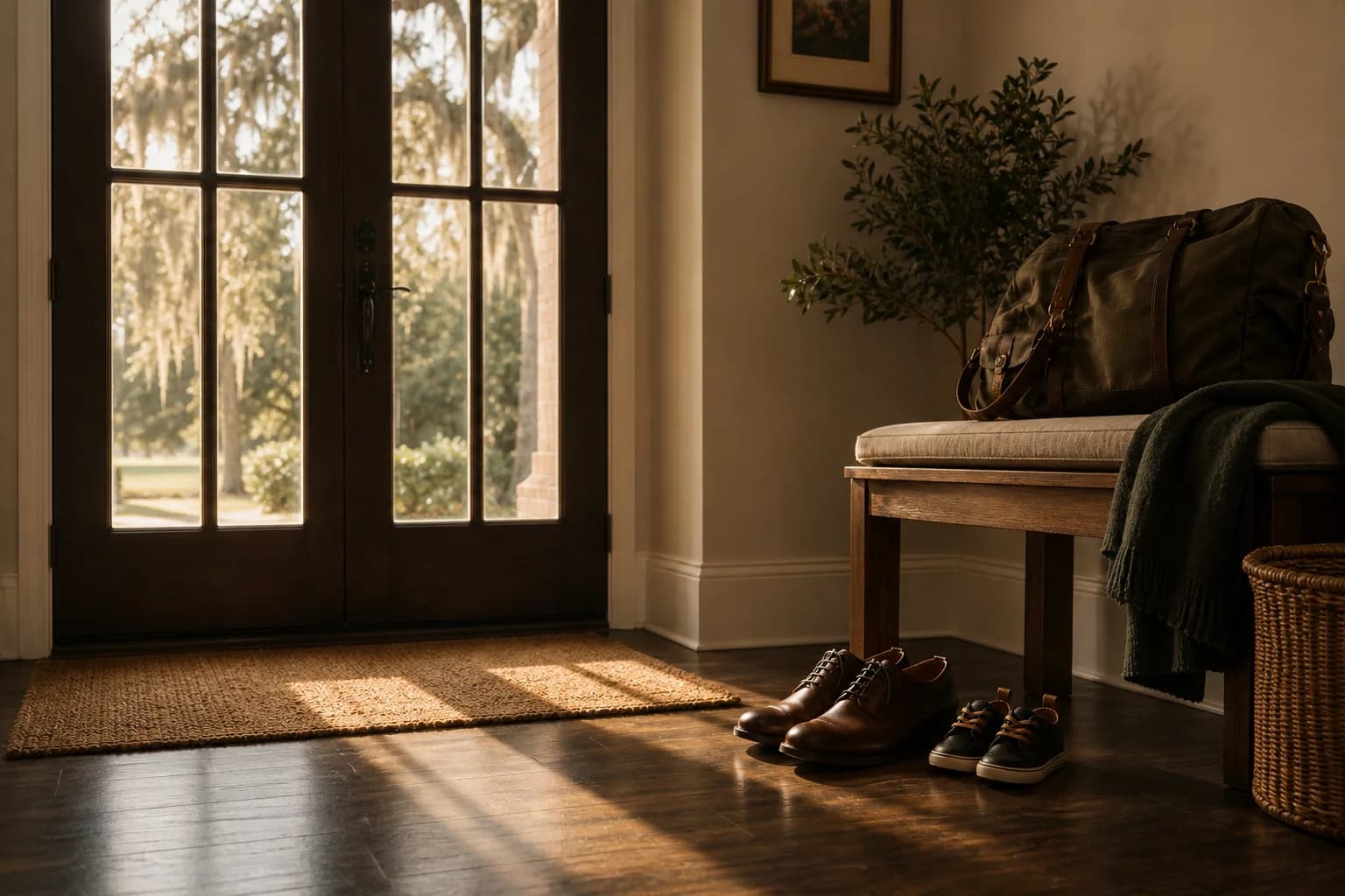 Full front door and adult and child shoes together in a sunlit Southern entryway