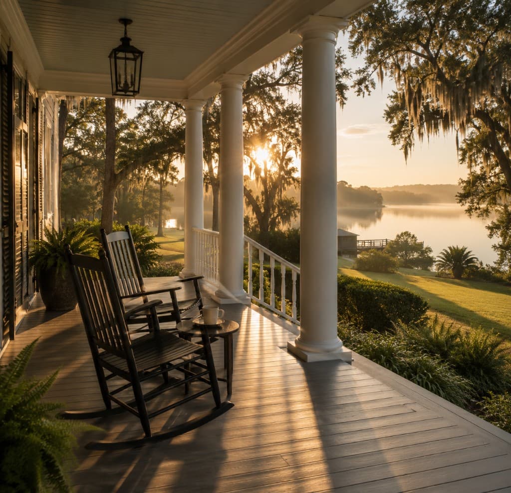 Golden hour on a Southern lakeside porch with rocking chairs overlooking the water