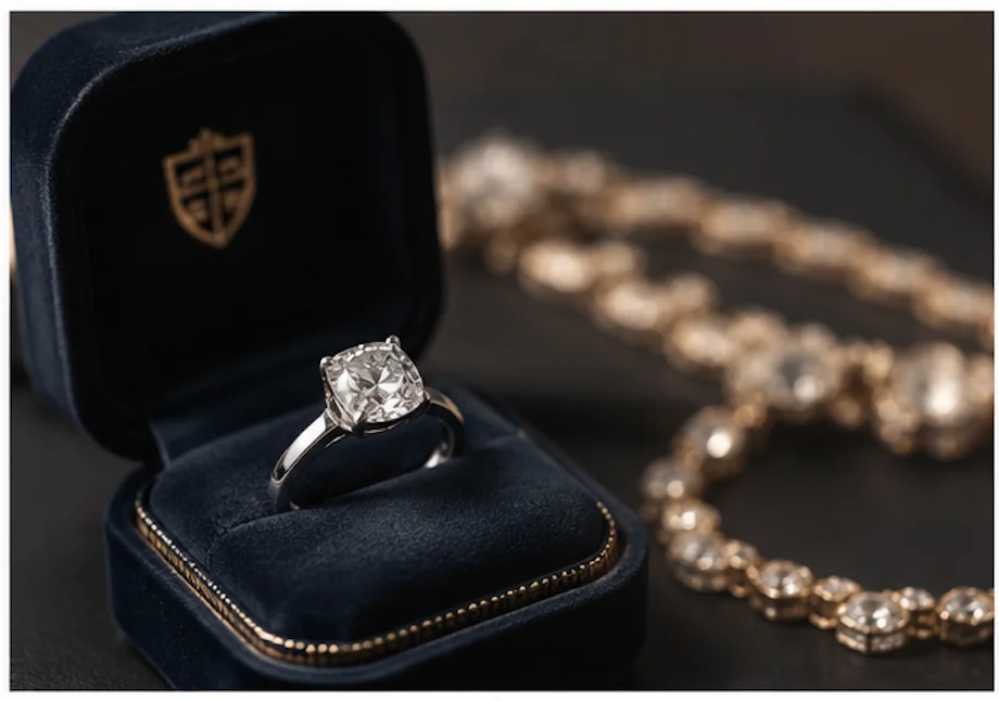 Diamond engagement ring in a velvet jewelry box