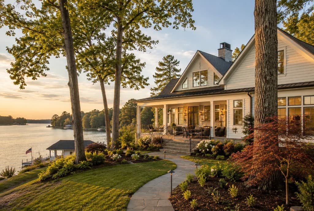 Lakeside home at golden hour with landscaped grounds and calm water