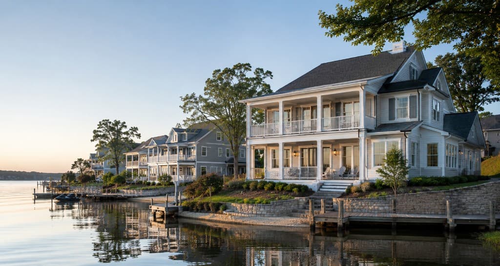 Lakeside waterfront homes with docks and calm water at sunset