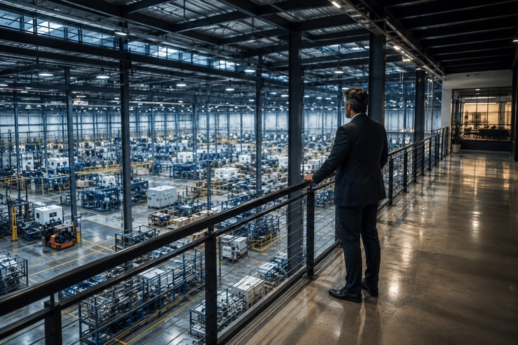 Executive overlooking a modern industrial manufacturing facility