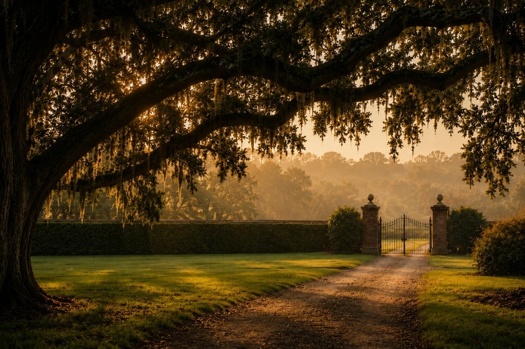 Golden hour at an oak tree entrance with wrought-iron gates, Spanish moss, and light through the branches