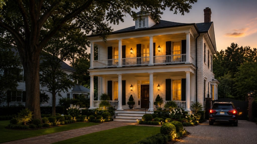 Southern colonial home at dusk with warm porch lighting
