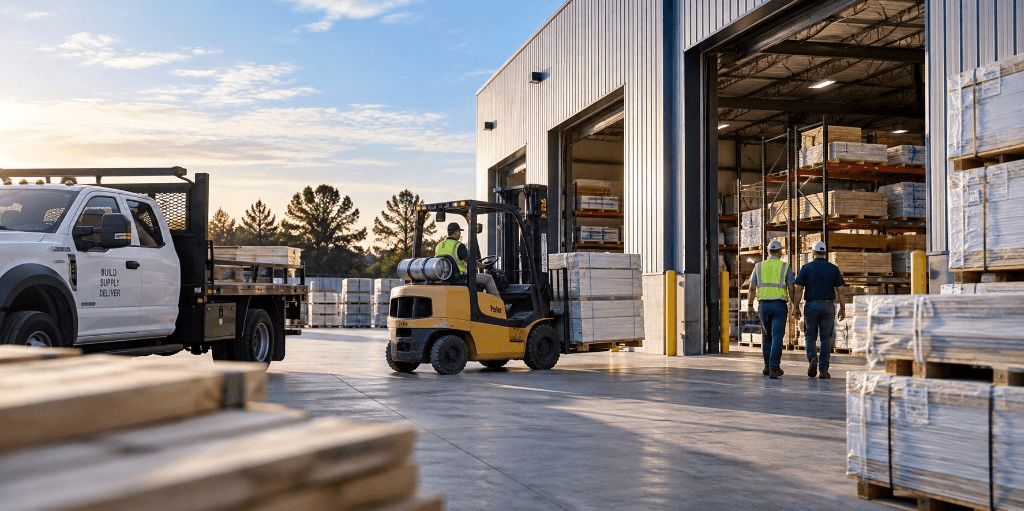 Forklift and workers at an industrial warehouse loading yard