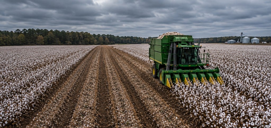 Cotton harvester working rows in a field under cloudy skies