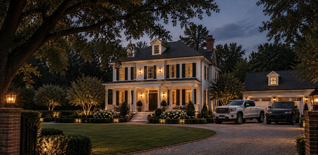 Southern colonial home at dusk with warm porch lighting